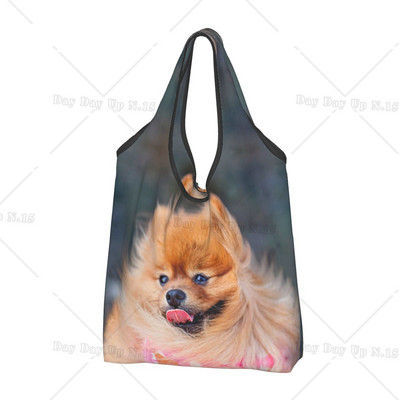 Ανακύκλωση Pomeranian Dog with Summer Leaf Shopping Bag Women Bag Tote Portable Pet Spitz Grocery Shopper Bags