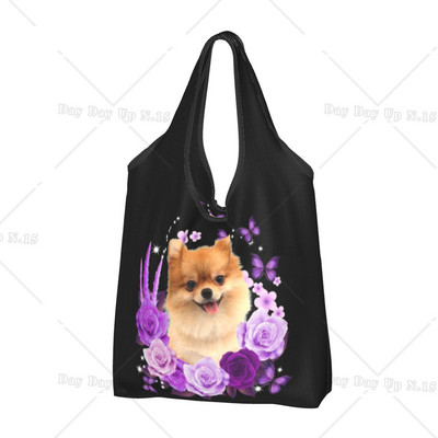 Ανακύκλωση Pomeranian Dog with Summer Leaf Shopping Bag Women Bag Tote Portable Pet Spitz Grocery Shopper Bags