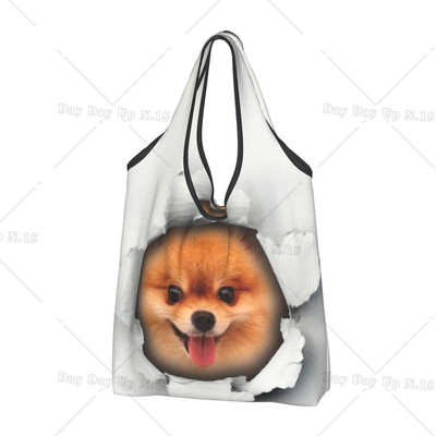 Ανακύκλωση Pomeranian Dog with Summer Leaf Shopping Bag Women Bag Tote Portable Pet Spitz Grocery Shopper Bags
