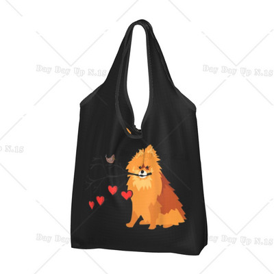 Ανακύκλωση Pomeranian Dog with Summer Leaf Shopping Bag Women Bag Tote Portable Pet Spitz Grocery Shopper Bags