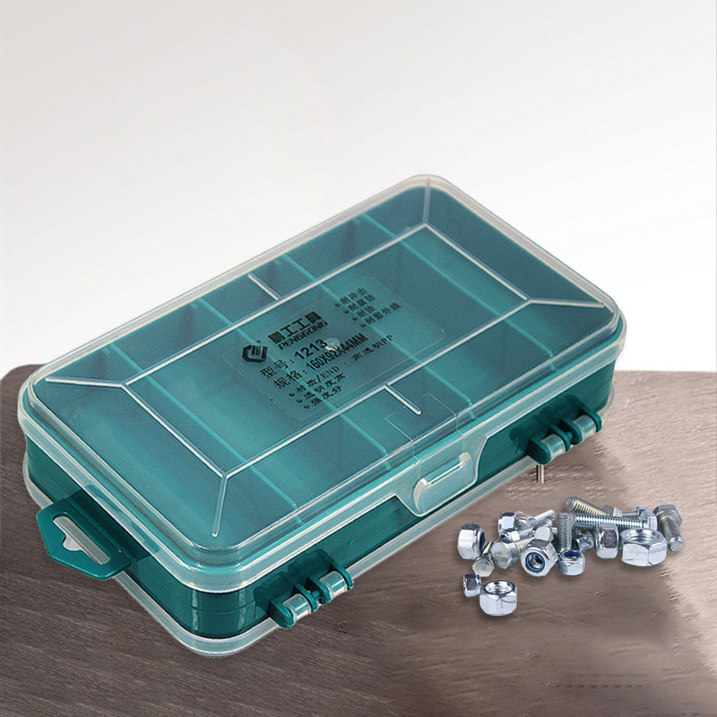 Divpusēja aparatūras organizatora kaste Caurspīdīga plastmasas instrumentu organizatora nodalījums Skrūves Uzglabāšanas kaste skrūvēm Uzgriežņi Naglas Skrūves