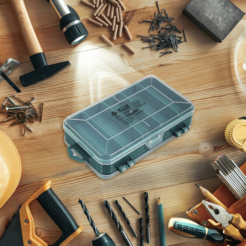 Divpusēja aparatūras organizatora kaste Caurspīdīga plastmasas instrumentu organizatora nodalījums Skrūves Uzglabāšanas kaste skrūvēm Uzgriežņi Naglas Skrūves