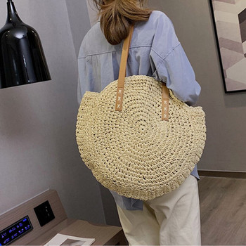 Сламена плетена на една кука кръгла рамо Нова дамска чанта с едно рамо Плажна модерна семпла артистична развлечение Пътуване
