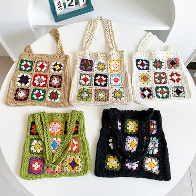 Γυναικείες Boho Woven Tote Καλοκαιρινή τσάντα παραλίας Floral χειροποίητες υφαντικές τσάντες ώμου Τσάντα χειροποίητου βελονάκι με λουλούδια ραφές Τσάντα αγοραστή