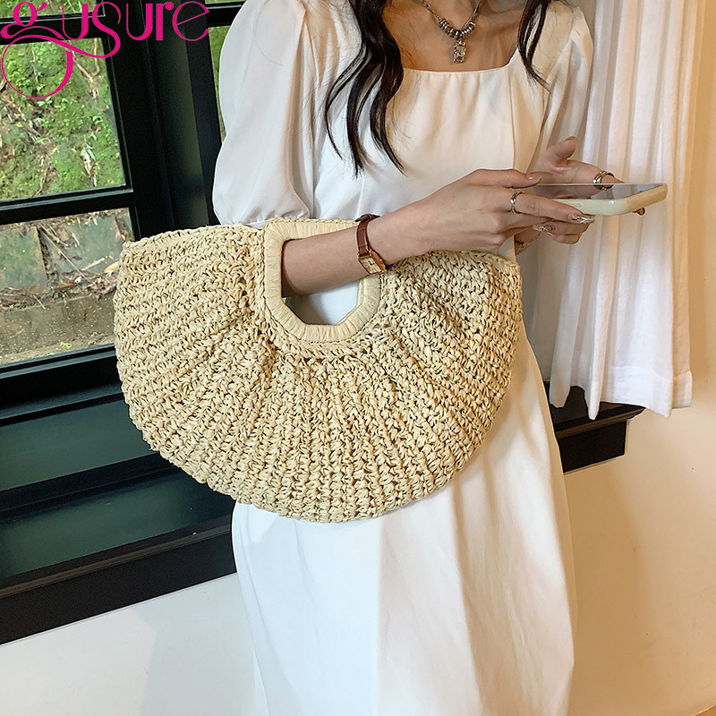 Gusure Bohemia Rattan nagy kapacitású vásárlói hordtáskák női hold tervező fonott kézitáska nyári strand szalma válltáska