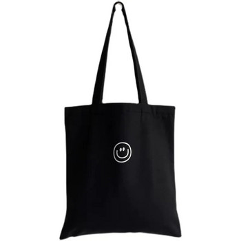 Дамска платнена чанта през рамо с принт на усмихнато лице Дамска ежедневна ръчна чанта Голяма чанта Памучна плажна чанта за многократна употреба