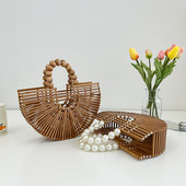 Visokokvalitetna ručna torba od bambusa Dizajn biserne ručke Ženska izdubljena torba za plažu Ljetni odmor Torba od slame Ženska torba