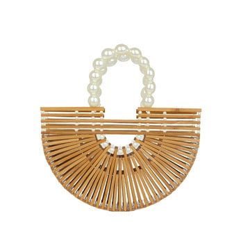 Висококачествена ръчно изработена бамбукова чанта с дизайн на перлена дръжка Дамска издълбана плажна чанта Лятна ваканция Тъкана сламена чанта Дамска чанта