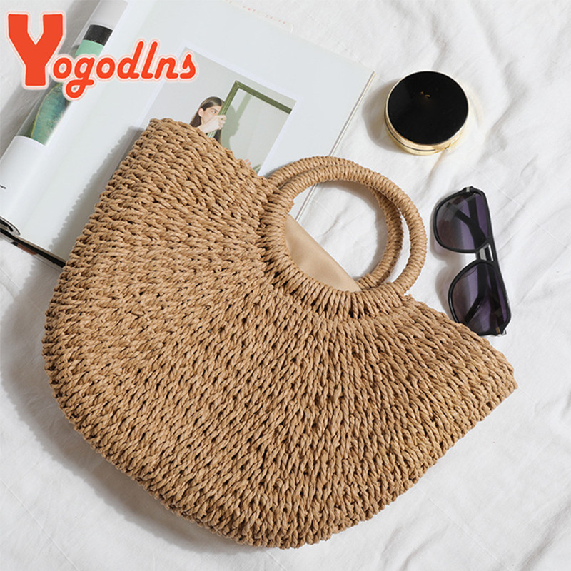 Geantă de paie de vară Yogodlns pentru femei, cu mâner de capacitate mare