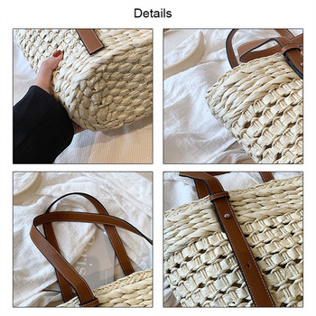 ISKYBOB Καλοκαιρινές χειροποίητες γυναικείες τσάντες παραλίας από άχυρο 2024 Vintage Hollow Out Basket Τσάντα Rattan Vacation Shoulder Bag New