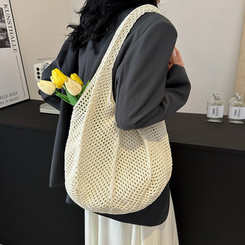 Модни дамски чанти за плетене на една кука Лятна плажна голяма чанта Рафия Естетични големи чанти Сламена чанта Бохемска бохо тъкана плетена чанта през рамо