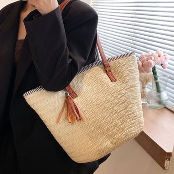 Weave Tote Bag Летни плажни сламени чанти и портмонета Женски бохемски чанти през рамо за жени 2023 Дамски пътни чанти за пазаруване