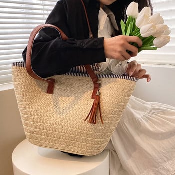 Weave Tote Bag Летни плажни сламени чанти и портмонета Женски бохемски чанти през рамо за жени 2023 Дамски пътни чанти за пазаруване