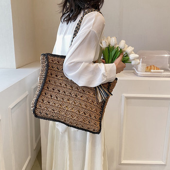 Дамски дамски чанти с голям сламен пискюл, плетени чанти за жени 2023 Модерна лятна модна чанта през рамо Дамски чанти и портмонета Плажни чанти