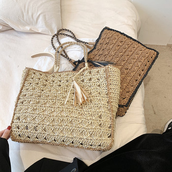 Дамски дамски чанти с голям сламен пискюл, плетени чанти за жени 2023 Модерна лятна модна чанта през рамо Дамски чанти и портмонета Плажни чанти