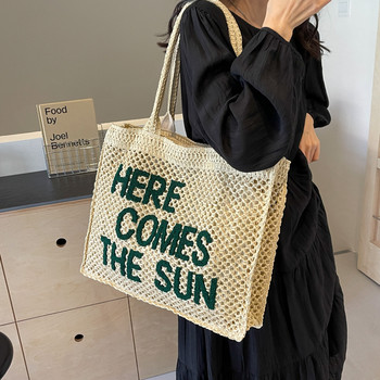 LEFTSIDE Summer Letter Design Дамска чанта от слама през рамо 2024 Големи плажни чанти Ръчно изработена дамска чанта с голям капацитет