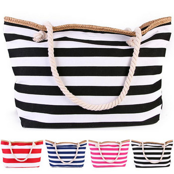 Нова плажна чанта, модна дамска платнена лятна раирана чанта с голям капацитет, ръчна чанта за пазаруване, чанти през рамо