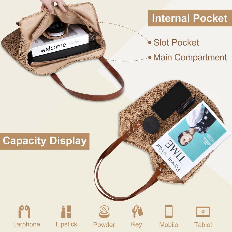 Šiaudinis krepšys moterims Vasarinis paplūdimio krepšys Minkštas austas krepšys Didelis rotango krepšys per petį atostogoms