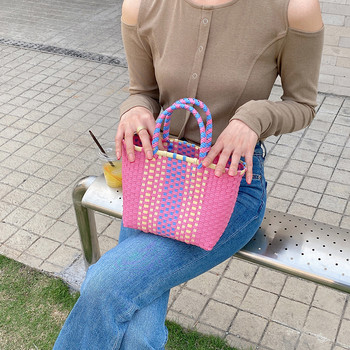 Елегантна дамска дамска чанта от сламена тъкан в цветен блок Дамска празнична плажна ежедневна голяма чанти с горна дръжка Модни ретро чанти за през рамо