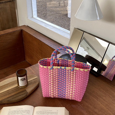 Elegantna ženska torba od slame pletena u boji, ženska torba za odmor na plaži, ležerna velika torba s ručkom na vrhu Modne retro torbe na rame