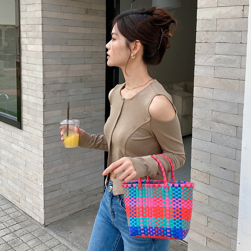 Elegantna ženska torba od slame pletena u boji, ženska torba za odmor na plaži, ležerna velika torba s ručkom na vrhu Modne retro torbe na rame