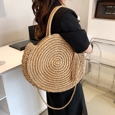 Fashion Straw Shoulder Bags for Women Round Rattan Handmade Woven Beach Bag Female Travel Large Capacity Shopper Tote Handbags