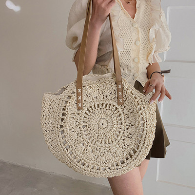 Madingi šiaudiniai pečių krepšiai moterims, apvalios rotango spalvos, rankų darbo austas paplūdimio krepšys moterims, didelės talpos pirkinių nešiojamos rankinės