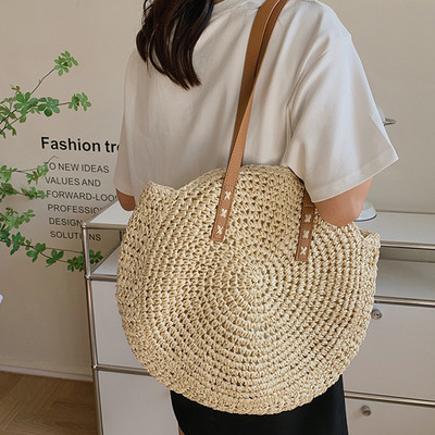 Madingi šiaudiniai pečių krepšiai moterims, apvalios rotango spalvos, rankų darbo austas paplūdimio krepšys moterims, didelės talpos pirkinių nešiojamos rankinės