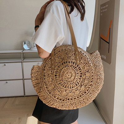Madingi šiaudiniai pečių krepšiai moterims, apvalios rotango spalvos, rankų darbo austas paplūdimio krepšys moterims, didelės talpos pirkinių nešiojamos rankinės