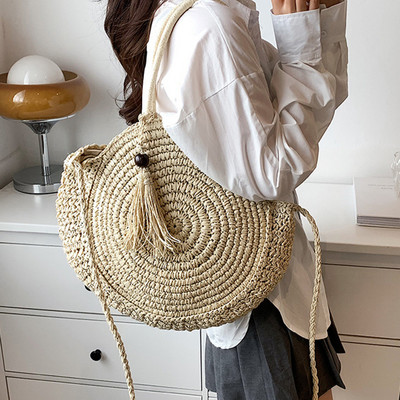 Madingi šiaudiniai pečių krepšiai moterims, apvalios rotango spalvos, rankų darbo austas paplūdimio krepšys moterims, didelės talpos pirkinių nešiojamos rankinės