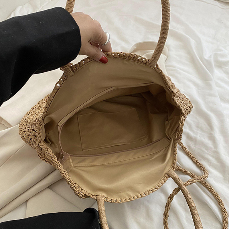 Madingi šiaudiniai pečių krepšiai moterims, apvalios rotango spalvos, rankų darbo austas paplūdimio krepšys moterims, didelės talpos pirkinių nešiojamos rankinės