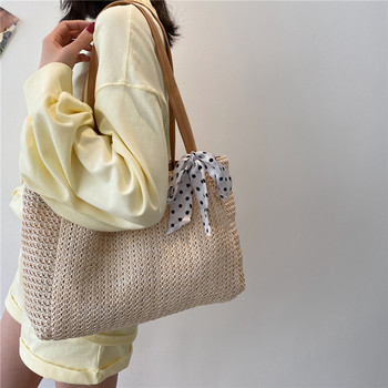 Ежедневна дамска сламена нова дамска чанта с копринен шал с едно рамо и тъкана чанта Лятна плажна чанта Голяма преносима дамска чанта