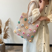 Saldus gėlių šiaudinis paplūdimio krepšys, didelis rankomis austas pečių krepšys, laisvalaikio krepšys, atostogų kelioninė rankinė moterims ir mergaitėms