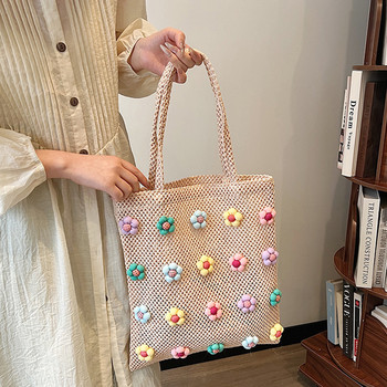 Плажна чанта със сладки цветя и слама Голяма ръчно тъкана чанта през рамо Ежедневна голяма чанта Празнична чанта за пътуване за жени и момичета