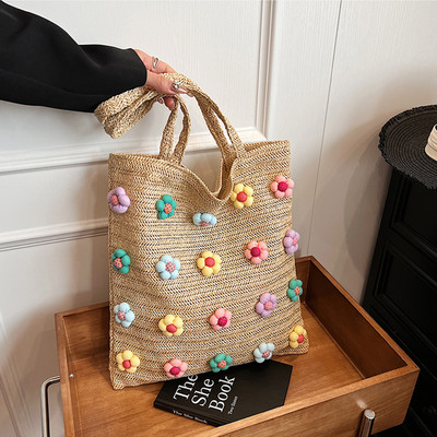 Saldus gėlių šiaudinis paplūdimio krepšys, didelis rankomis austas pečių krepšys, laisvalaikio krepšys, atostogų kelioninė rankinė moterims ir mergaitėms