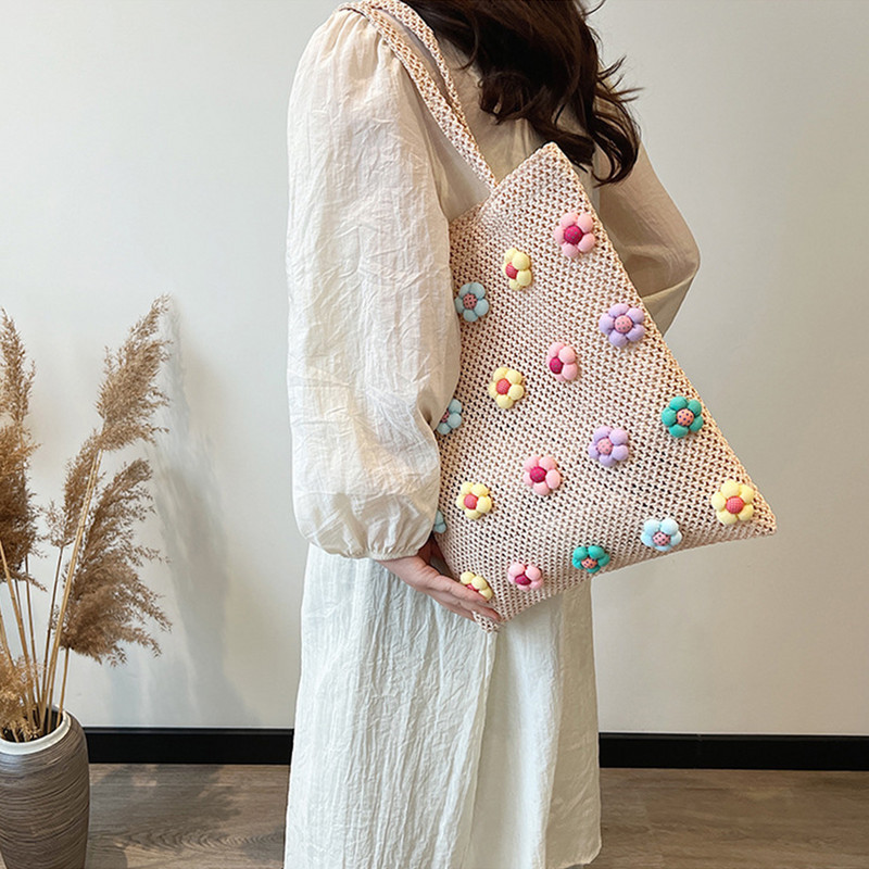 Saldus gėlių šiaudinis paplūdimio krepšys, didelis rankomis austas pečių krepšys, laisvalaikio krepšys, atostogų kelioninė rankinė moterims ir mergaitėms