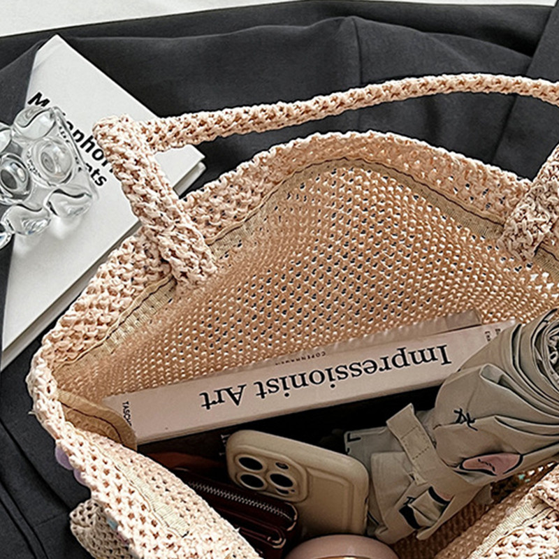 Saldus gėlių šiaudinis paplūdimio krepšys, didelis rankomis austas pečių krepšys, laisvalaikio krepšys, atostogų kelioninė rankinė moterims ir mergaitėms