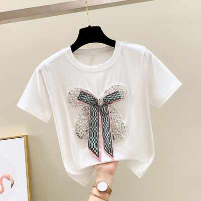 Sieviešu Apģērbs Saldi T-krekli Patchwork ar pērlītēm Bow Vasaras Tkrekli 2023 Ropa Mujer Brīvi Ikdienas Modes Korejas Y2k T krekls šiks