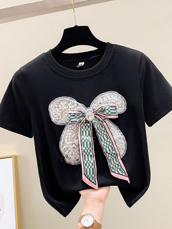 Sieviešu Apģērbs Saldi T-krekli Patchwork ar pērlītēm Bow Vasaras Tkrekli 2023 Ropa Mujer Brīvi Ikdienas Modes Korejas Y2k T krekls šiks