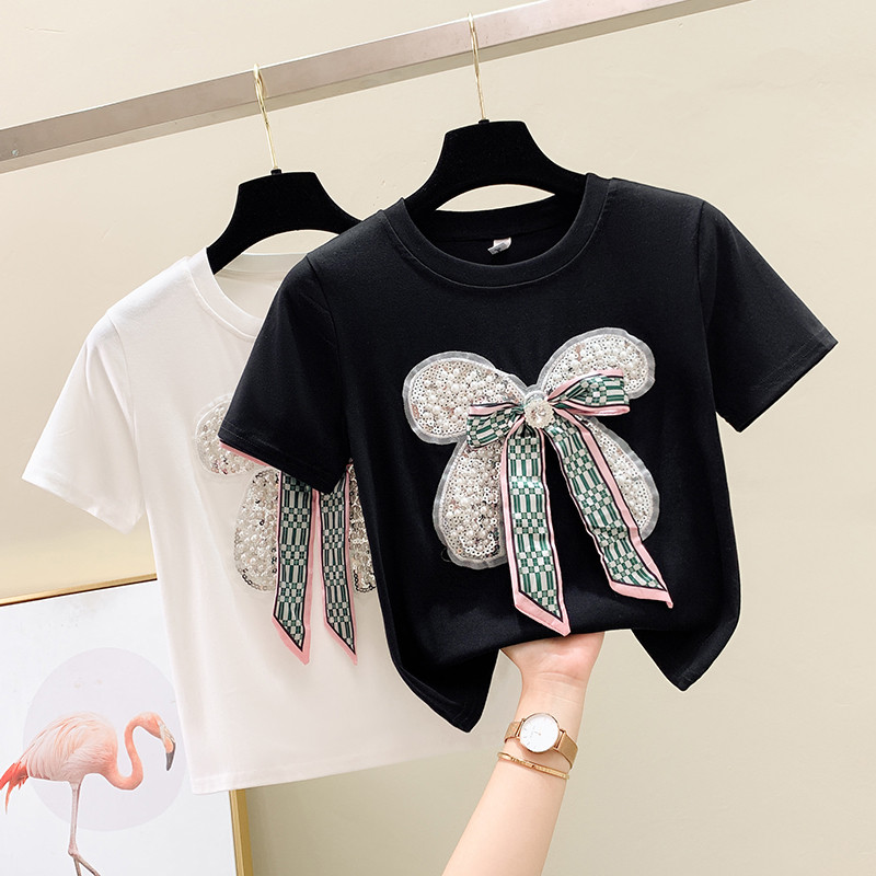 Sieviešu Apģērbs Saldi T-krekli Patchwork ar pērlītēm Bow Vasaras Tkrekli 2023 Ropa Mujer Brīvi Ikdienas Modes Korejas Y2k T krekls šiks