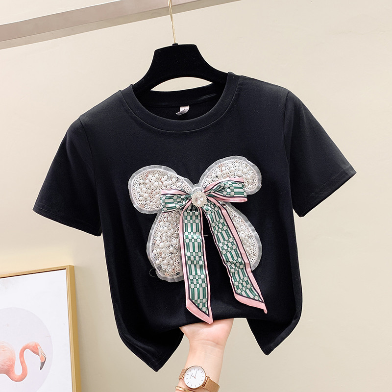 Sieviešu Apģērbs Saldi T-krekli Patchwork ar pērlītēm Bow Vasaras Tkrekli 2023 Ropa Mujer Brīvi Ikdienas Modes Korejas Y2k T krekls šiks