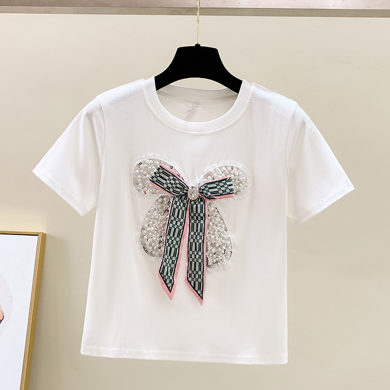 Sieviešu Apģērbs Saldi T-krekli Patchwork ar pērlītēm Bow Vasaras Tkrekli 2023 Ropa Mujer Brīvi Ikdienas Modes Korejas Y2k T krekls šiks