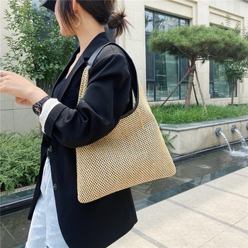 Винтидж летни дамски издръжливи сплитани сламени плажни чанти ленена тъкана чанта тип кофа Тревни ежедневни ръчни чанти Плетива ратанови чанти
