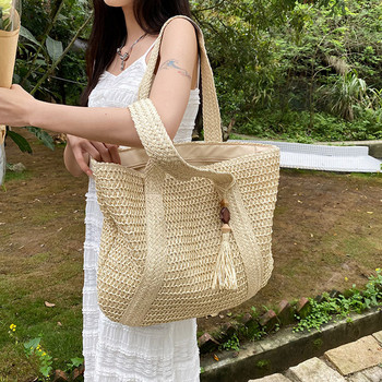 Лятна сламена тъкана чанта за жени Ваканционни плажни чанти за през рамо Ежедневни чанти за пътуване с голям капацитет Дамски чанти със сламена тъкан