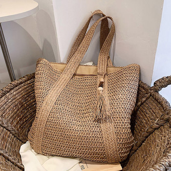 Лятна сламена тъкана чанта за жени Ваканционни плажни чанти за през рамо Ежедневни чанти за пътуване с голям капацитет Дамски чанти със сламена тъкан