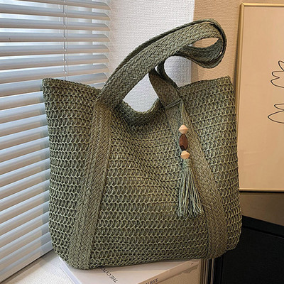 Vasaros šiaudų austas krepšys moterims Atostogų paplūdimio pečių krepšiai Didelės talpos kasdienės kelionės į darbą ir atgal Į darbą ir atgal Kasdieniai krepšiai Moteriškos šiaudų pynimo rankinės