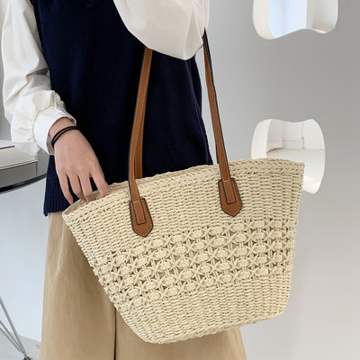 Vasaros šiaudų austas krepšys moterims Atostogų paplūdimio pečių krepšiai Didelės talpos kasdienės kelionės į darbą ir atgal Į darbą ir atgal Kasdieniai krepšiai Moteriškos šiaudų pynimo rankinės