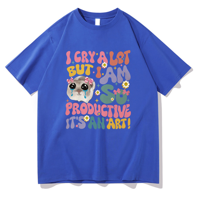 Bēdīgs kāmis, es daudz raudu, bet esmu tik produktīvs T krekls Modes vīriešu Harajuku retro T-krekls Unisex augstas kvalitātes kokvilnas t-krekli