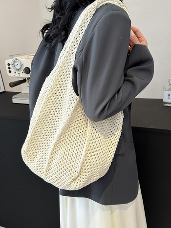 Дамска чанта за плетене на една кука Мрежеста плажна чанта Модна плетена чанта с голям капацитет Едноцветна проста пазарска чанта за ваканция при пътуване