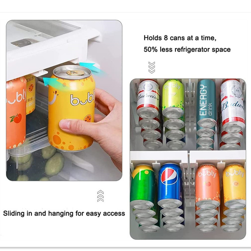 Regulējams piekarināms sodas kārbu organizators Ledusskapis kannas Uzglabāšana, sakraušana Pop Dozators Ledusskapis Alus Dzērienu Turētājs Ēdienu organizators